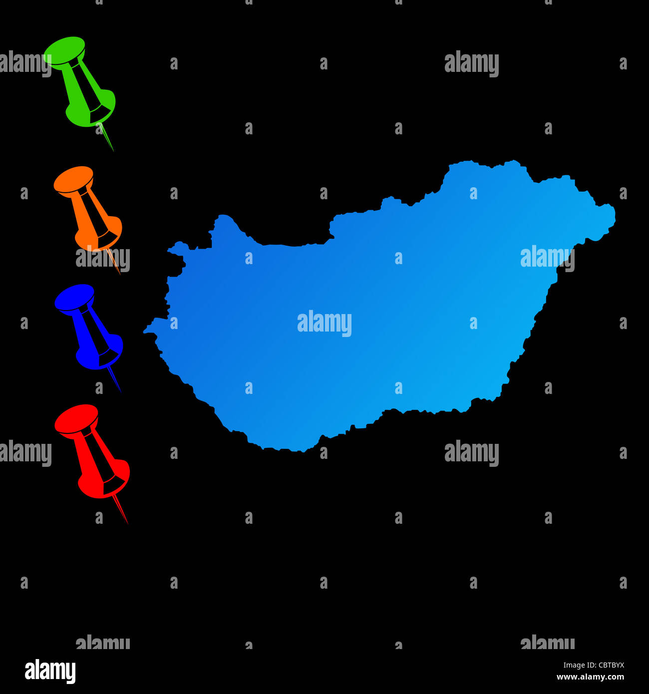 Hongrie La carte de voyage avec des punaises sur fond noir. Banque D'Images