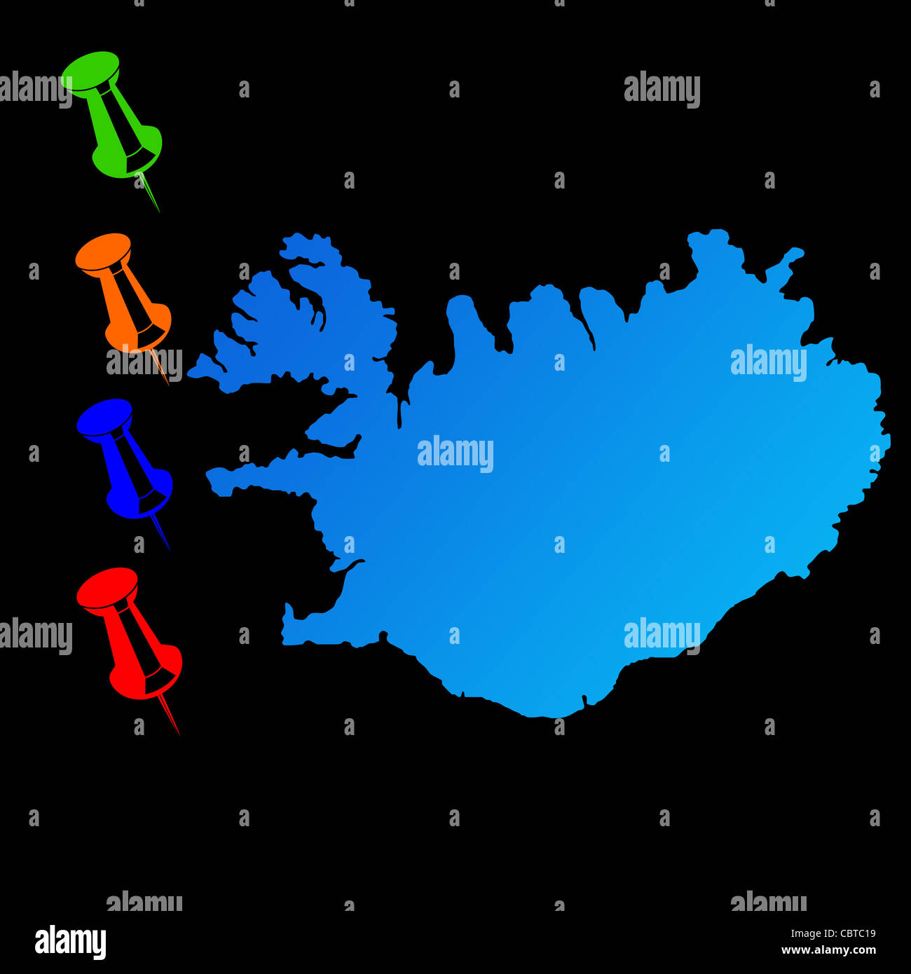 La carte de voyage Islande avec des punaises sur fond noir. Banque D'Images