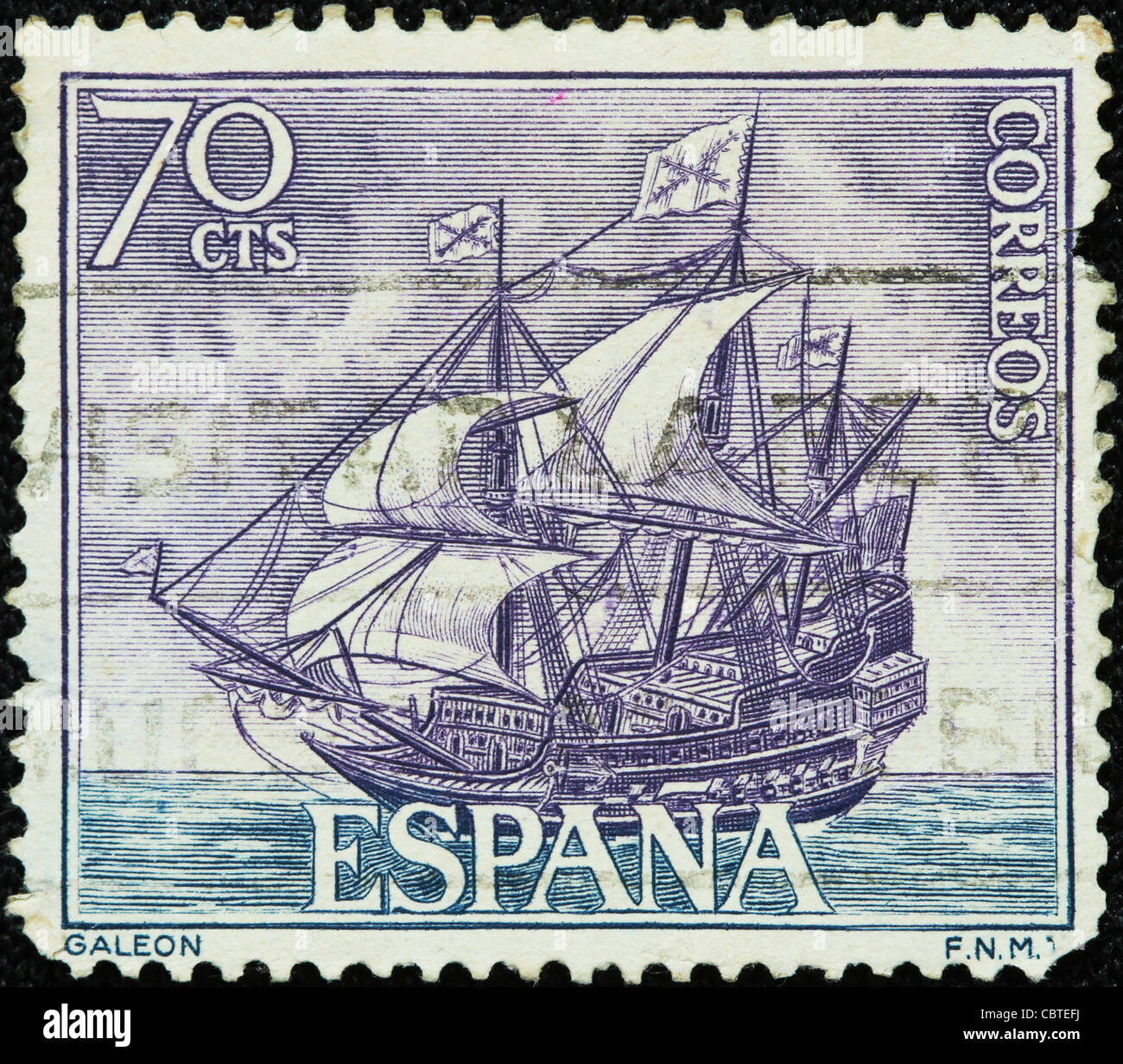 Espagne : un galion espagnol sur un timbre-poste utilisé et imprimé en Espagne Banque D'Images