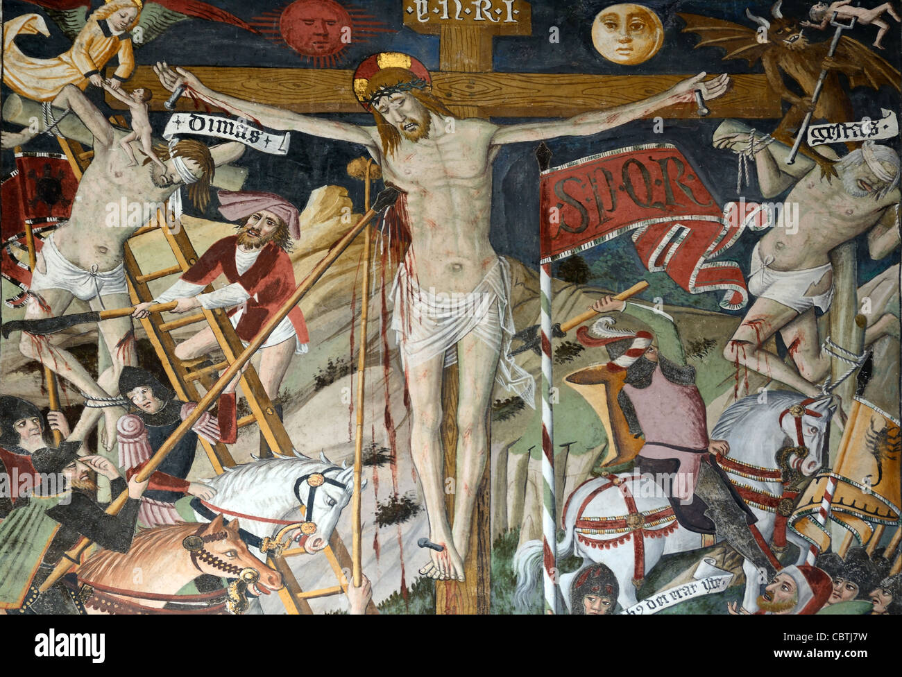Crucifixion (1492-1530) de Christ Fresco ou peinture murale de Giovanni Canavesio notre-Dame des Fontaines Chapelle la Brigue Roya Valley France Banque D'Images