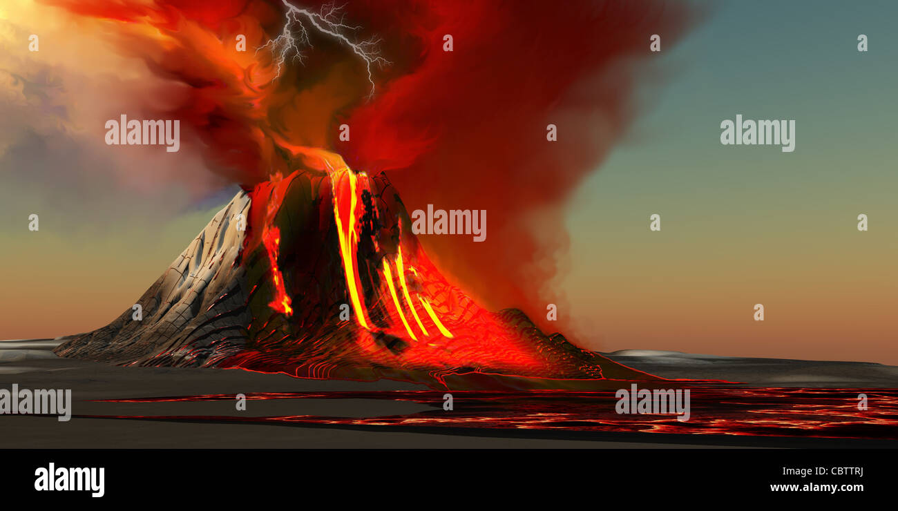 L'éruption du volcan Kilauea sur l'île de Hawaii avec panaches de fumée et d'incendie. Banque D'Images