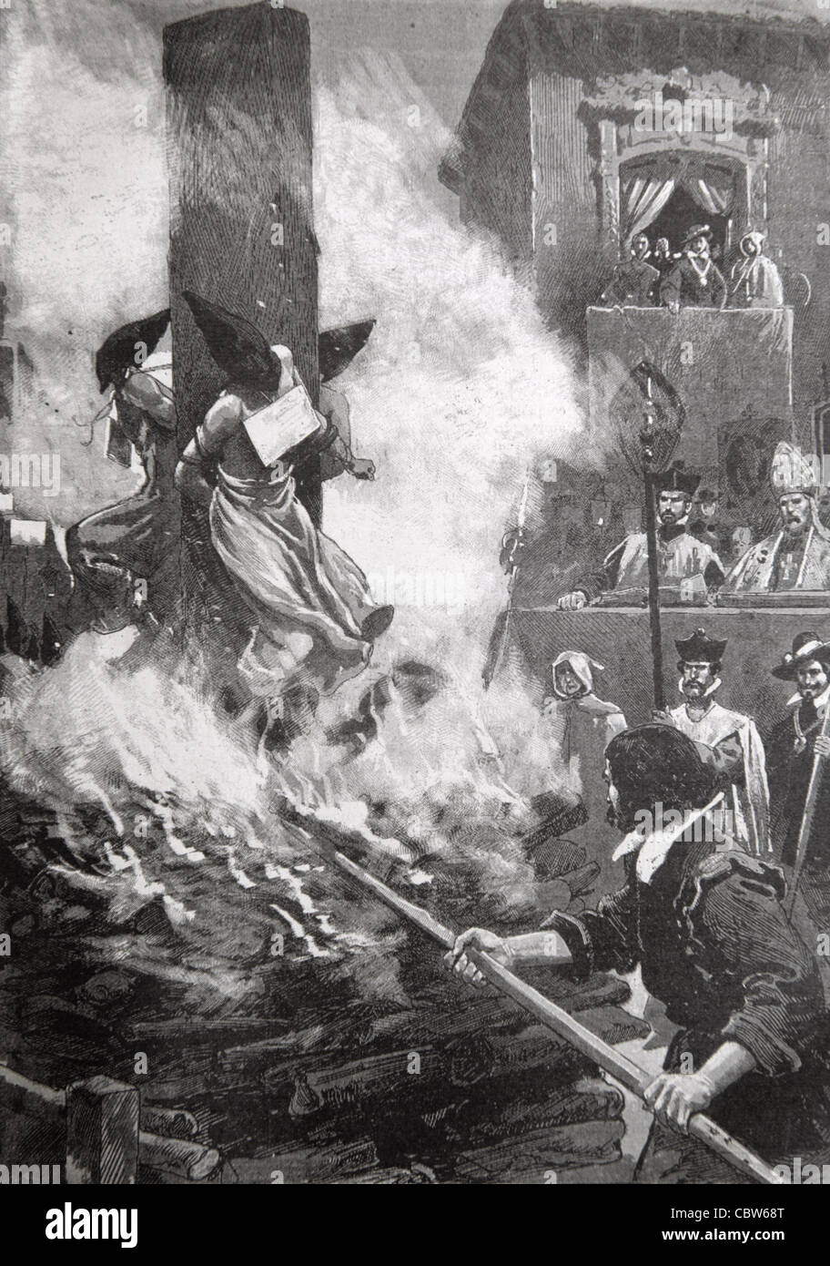 Brûler des hérétiques, des apostats, des sorcières ou des mécréants pendant l'Inquisition espagnole Espagne. Illustration ancienne ou gravure Banque D'Images