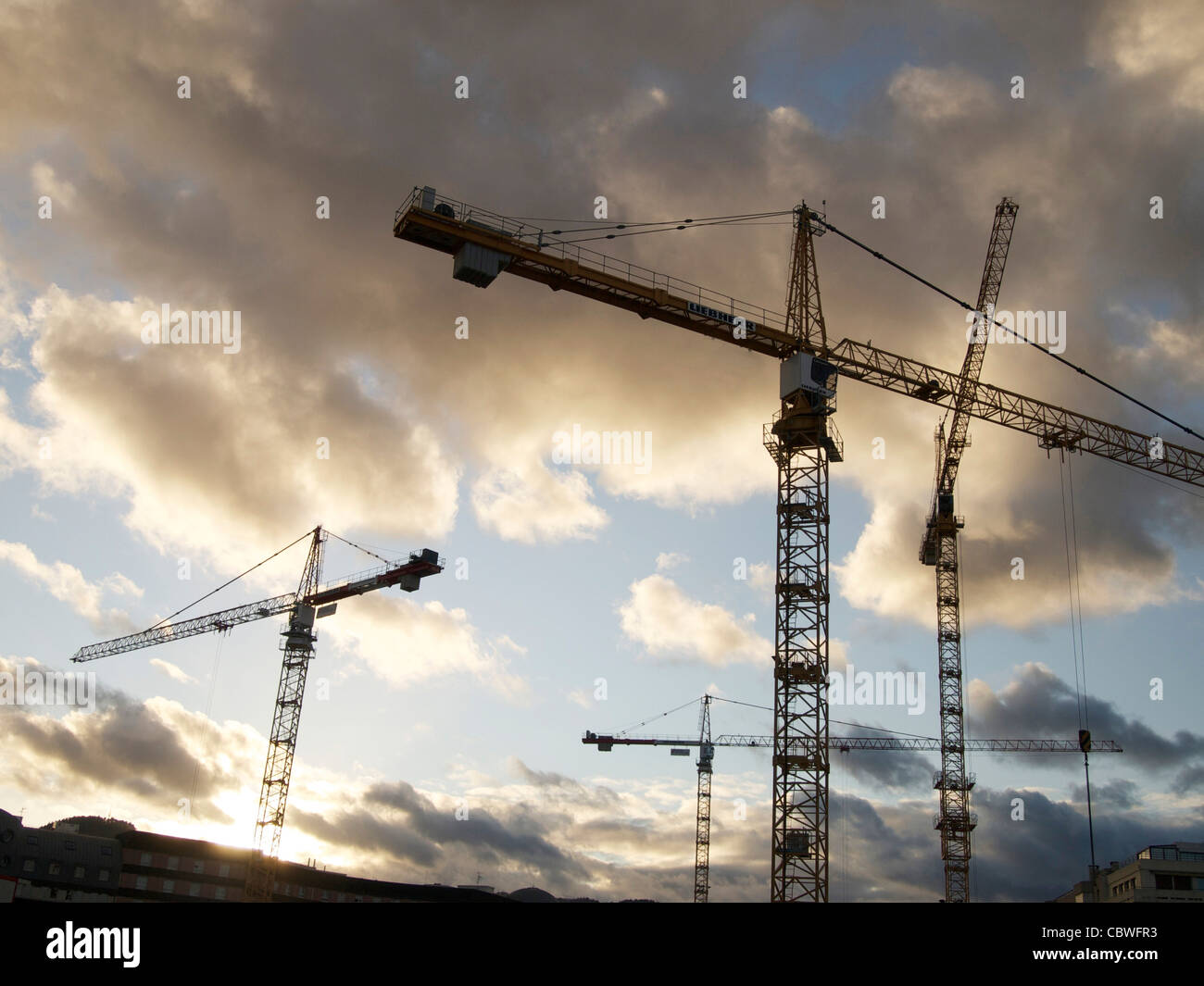 Tall grues sur un chantier de construction Banque D'Images