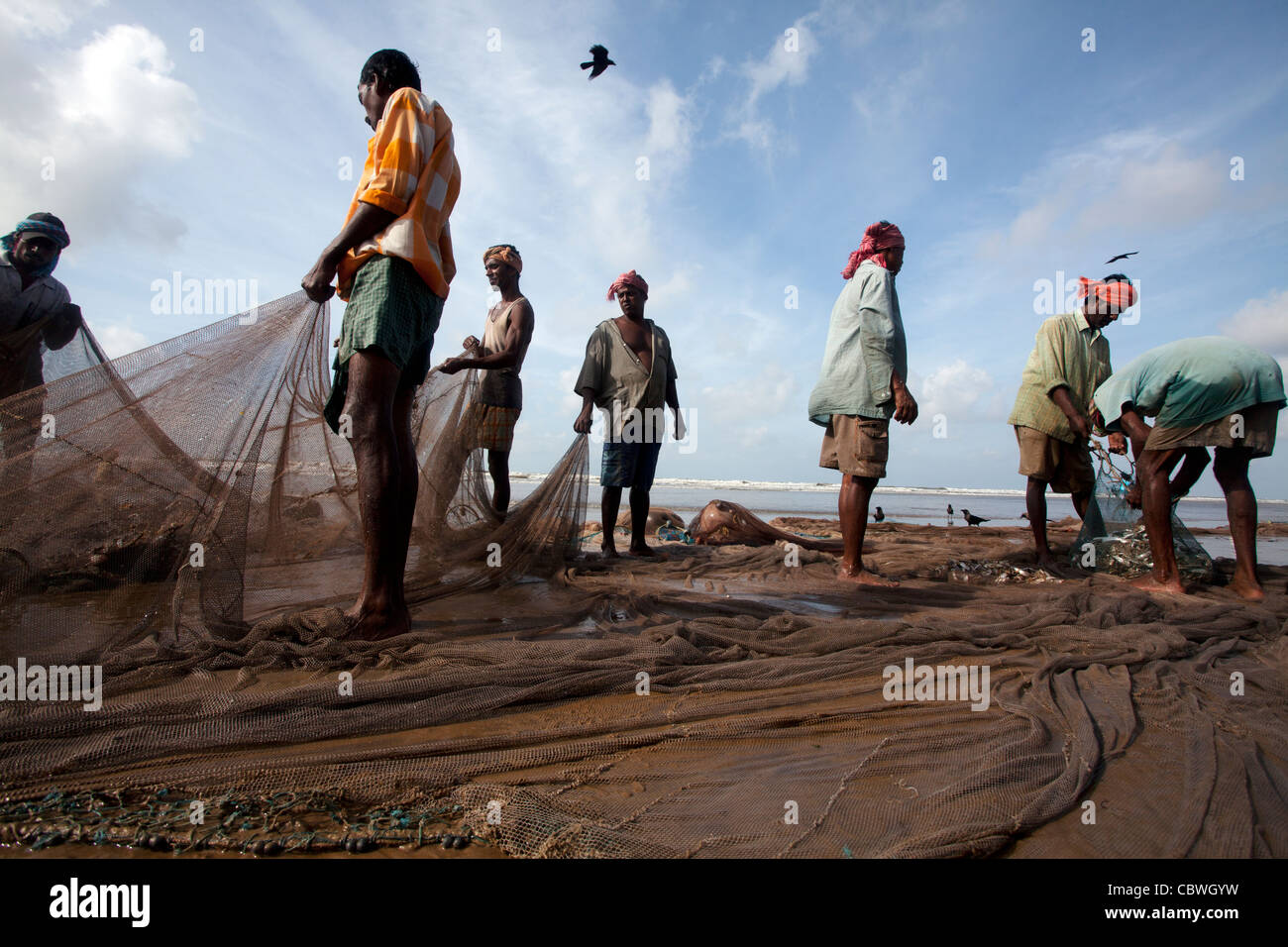 Filet de pêche Les pêcheurs l'arraché ensemble dans la plage de Digha, Bengale occidental, Inde Banque D'Images