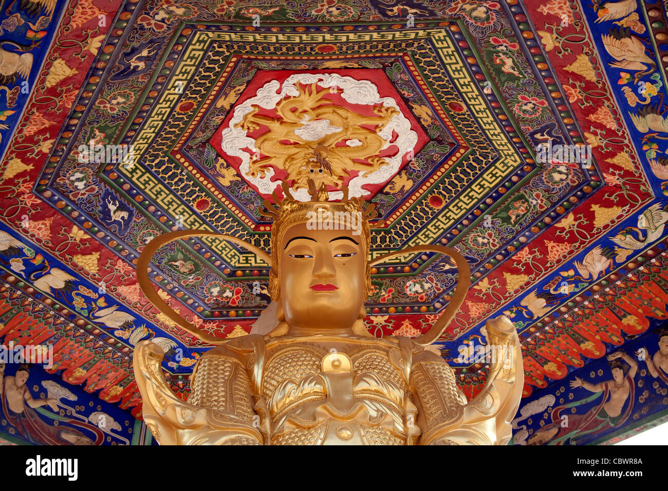 Golden Buddha statue dans le Kwun Yam Pavilion dix mille bouddhas Monastery - Fat Man Tsz - temple bouddhiste de Hong Kong Sha Tin Banque D'Images