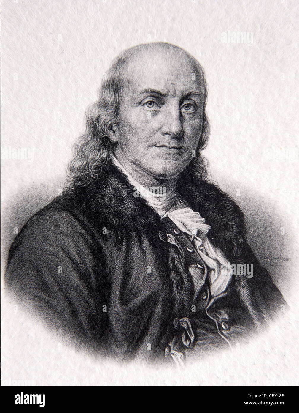 Portrait de Benjamin Franklin (1706-1790), un des Pères fondateurs des États-Unis. Imprimante, auteur et homme politique américain. Illustration ancienne ou gravure Banque D'Images