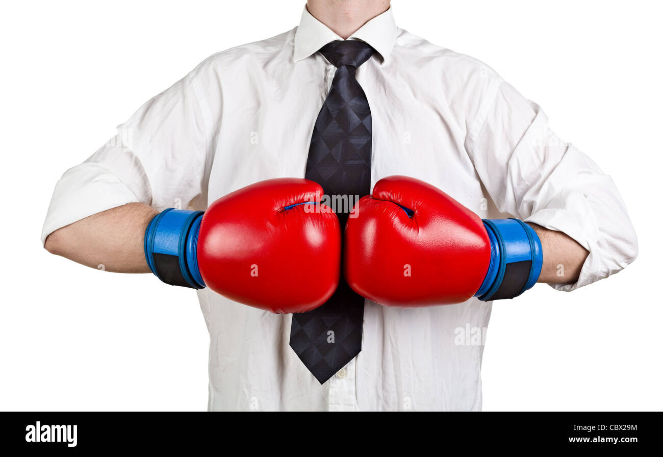 Homme portant une chemise blanche et des gants de boxe Banque D'Images
