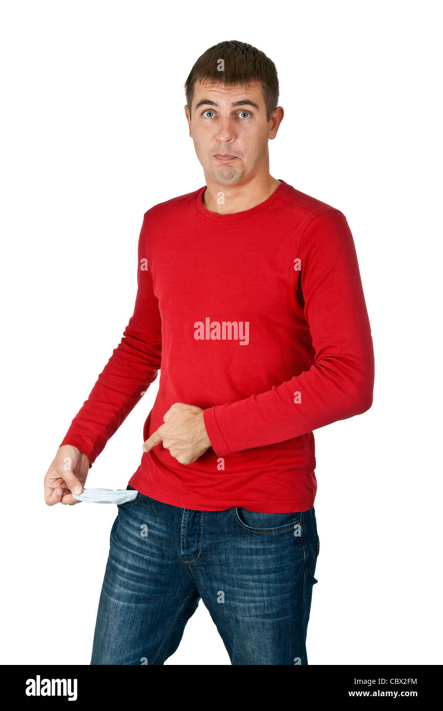 L'homme montre une poche vide sur un fond blanc Banque D'Images