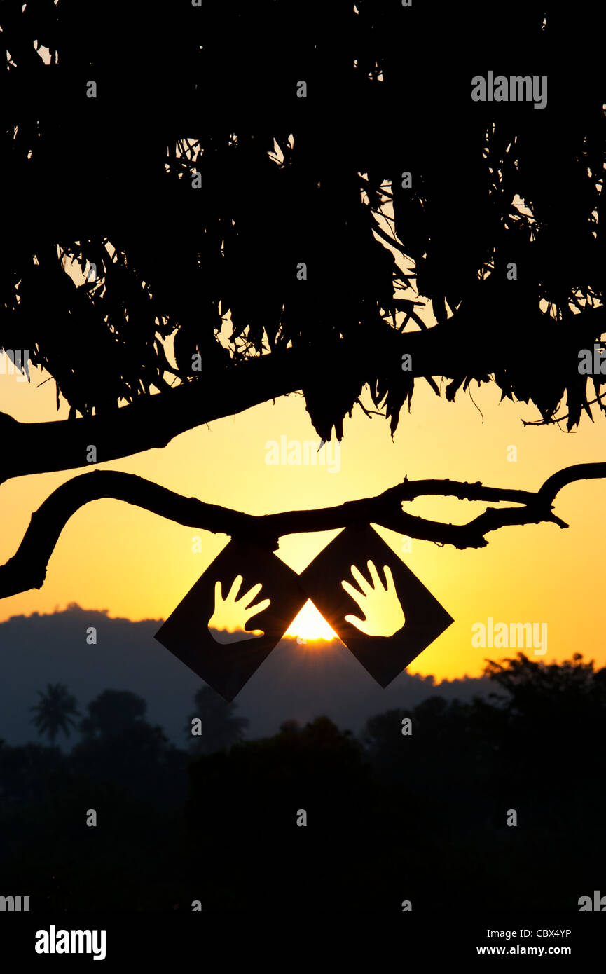 Mains de lumière concept. Découper des formes à la main sur un arbre dans la campagne indienne au lever du soleil. Silhouette Banque D'Images