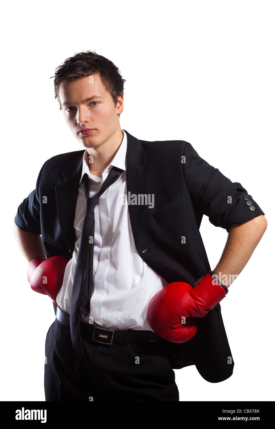 Businessman Wearing Boxing gloves, sur fond blanc Banque D'Images