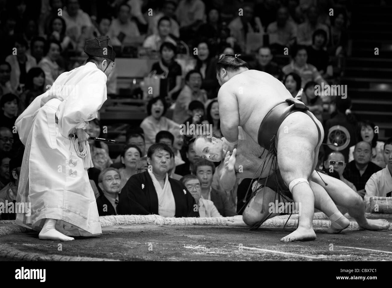 République tchèque lutteur de sumo takanoyama étant jeté à terre - Ryogoku Kokugikan, Tokyo, Japon Banque D'Images