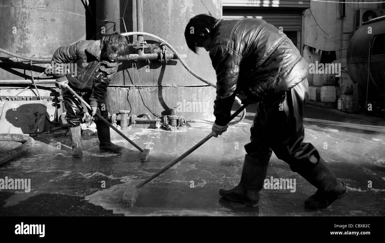 DongBaXiang, Beijing. Les jeunes hommes travaillant dans une usine de recyclage de l'huile de cuisson. Banque D'Images