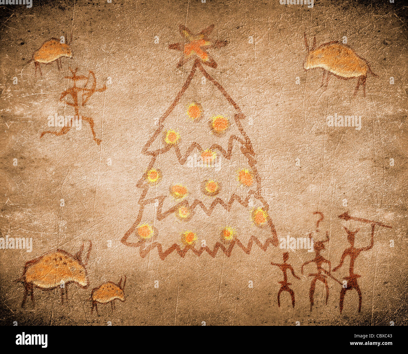 Grotte préhistorique peinture avec arbre de Noël Banque D'Images