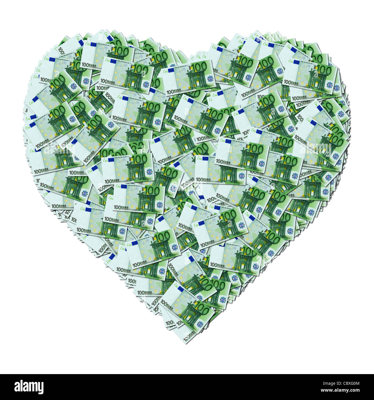 Un cœur fait de € 100 euros. Le jour de la Saint-Valentin. Coeur composé à partir de billets de banque de 100 euros. Banque D'Images
