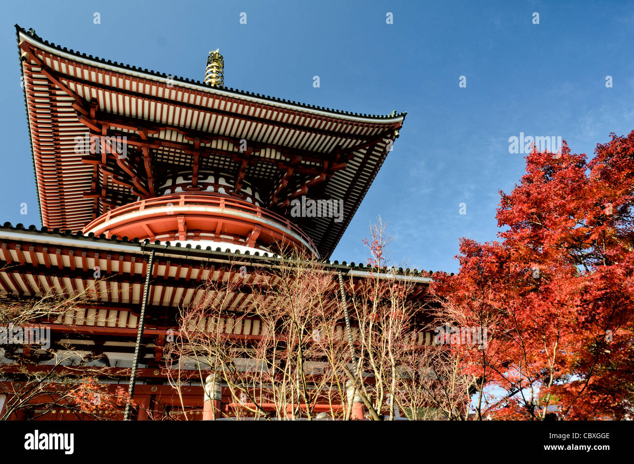 NARITA, Japon — le Daitou (Grand Temple) de Naritasan Shinshoji, culminant à 58 mètres de haut au sommet de la montagne Narita. Construit en 1984, cet ajout moderne à l'ancien complexe bouddhiste Shingon, créé en 940 après JC, mélange la conception architecturale contemporaine avec le symbolisme religieux traditionnel, dominant l'horizon de la ville de Narita. Banque D'Images