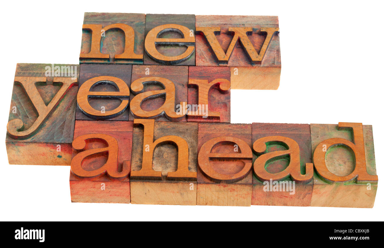 Nouvelle année - Alerte dans la typographie en bois vintage blocks isolated on white Banque D'Images