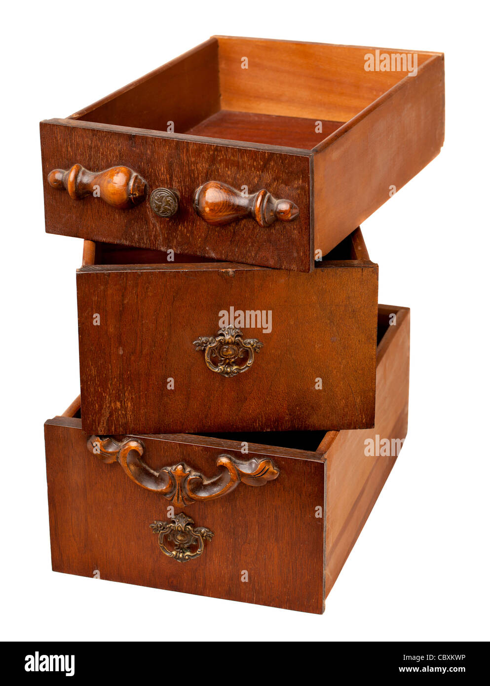 Concept de stockage - une pile de trois tiroirs en bois vintage isolated on white Banque D'Images