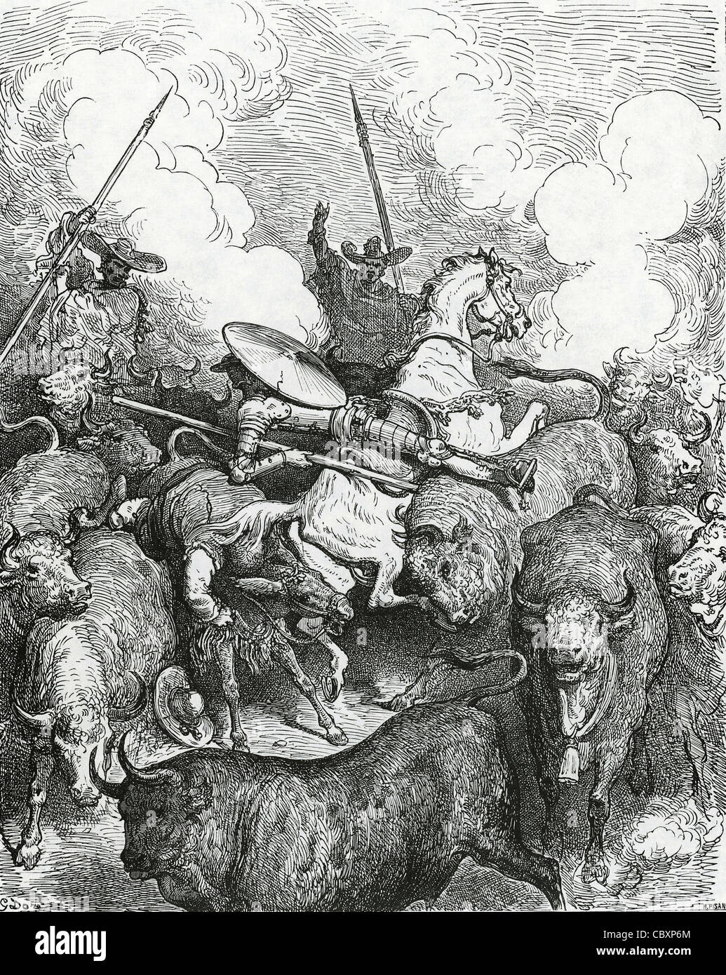 Don Quichotte de Miguel de Cervantes. Don Quichotte et Sancho devant les taureaux. Gravure de Gustave Dore. 19e siècle. Banque D'Images