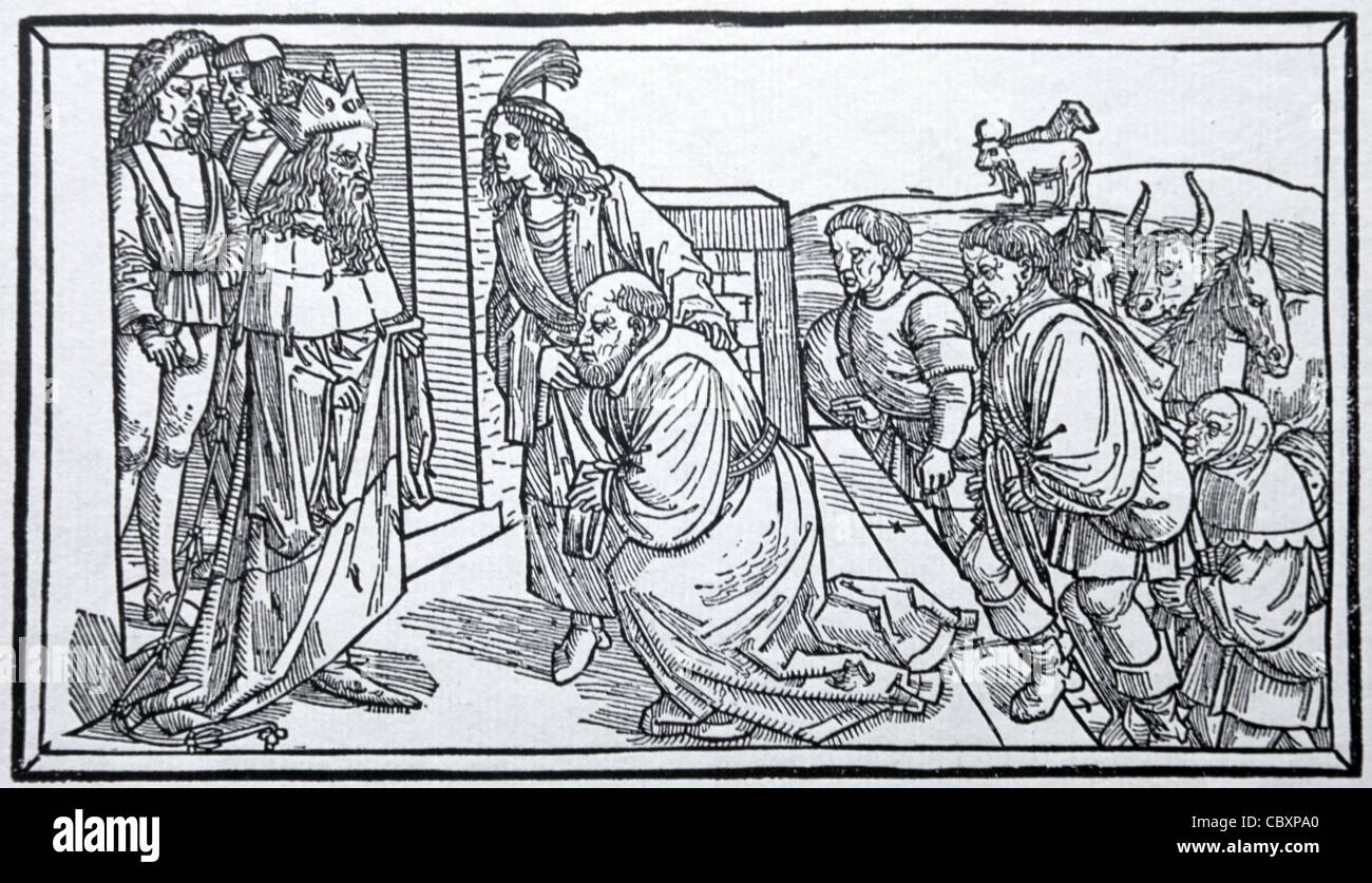 Joseph et Jacob s'agenouiller devant Pharaon, Wood-Cut Low-Germany ou la gravure sur bois à partir de la Bible, Lübeck, Allemagne, 1494 Banque D'Images