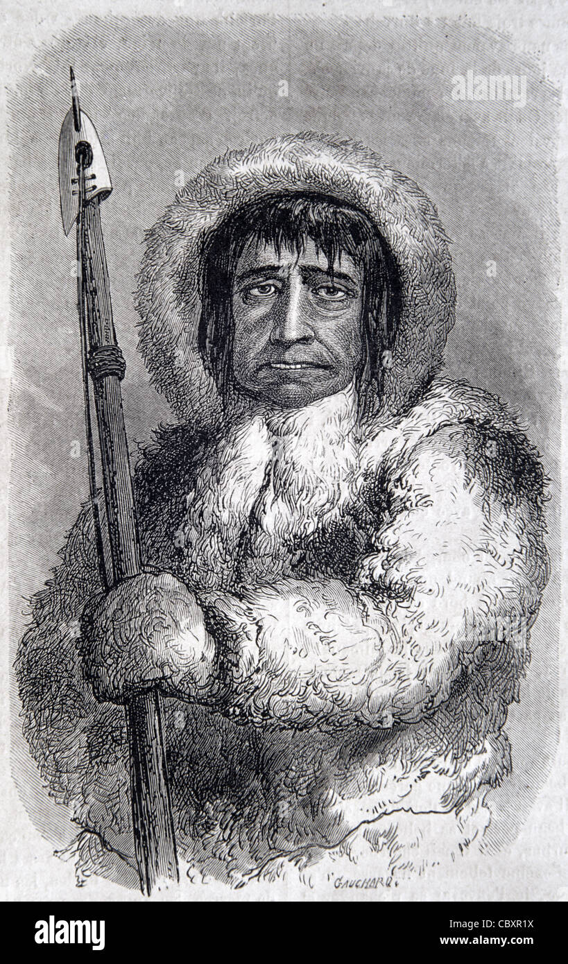 Portrait du chef tribal esquimau ou inuit, Kalutunah, avec un lance ...