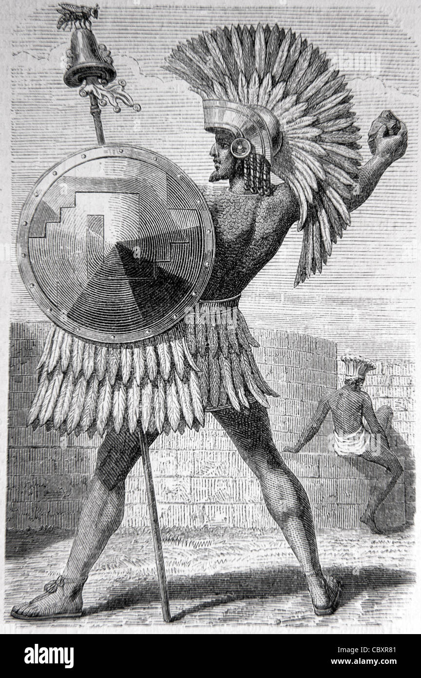 Aztec général, soldat ou guerrier portant une robe-tête en plumes, un bouclier de transport et une norme d'or surmontés avec un cabas, c19th Eng. Illustration ancienne ou gravure Banque D'Images