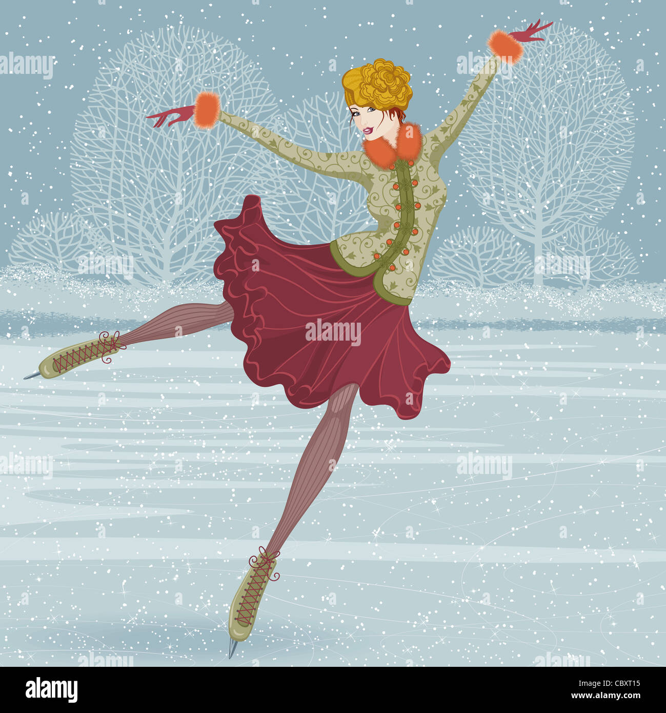 Illustration vecteur de Noël avec belle femme patinage sur glace Banque D'Images