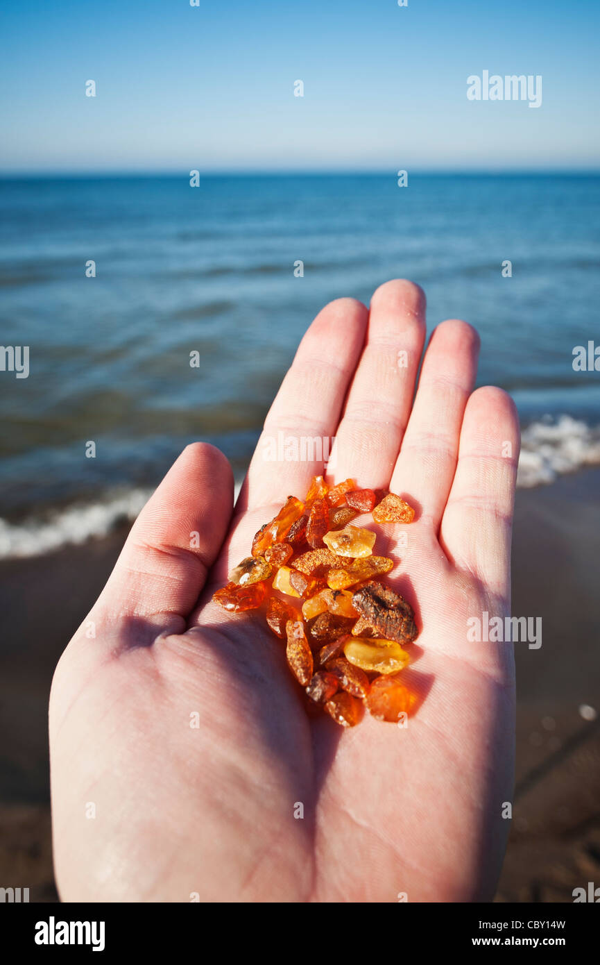Main tenant ambre trouvé sur plage avec en arrière-plan de la mer Baltique, de Courlande, Lituanie Banque D'Images