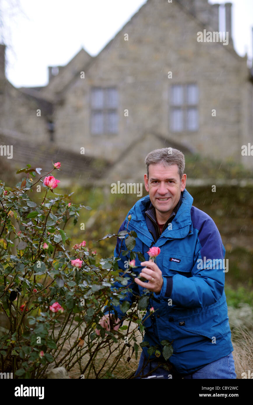 Media photo Call - Chris Clennet le directeur du jardin à Wakehurst place dans le Sussex avec une hausse du prix Eve qui est toujours en fleurs en décembre Banque D'Images