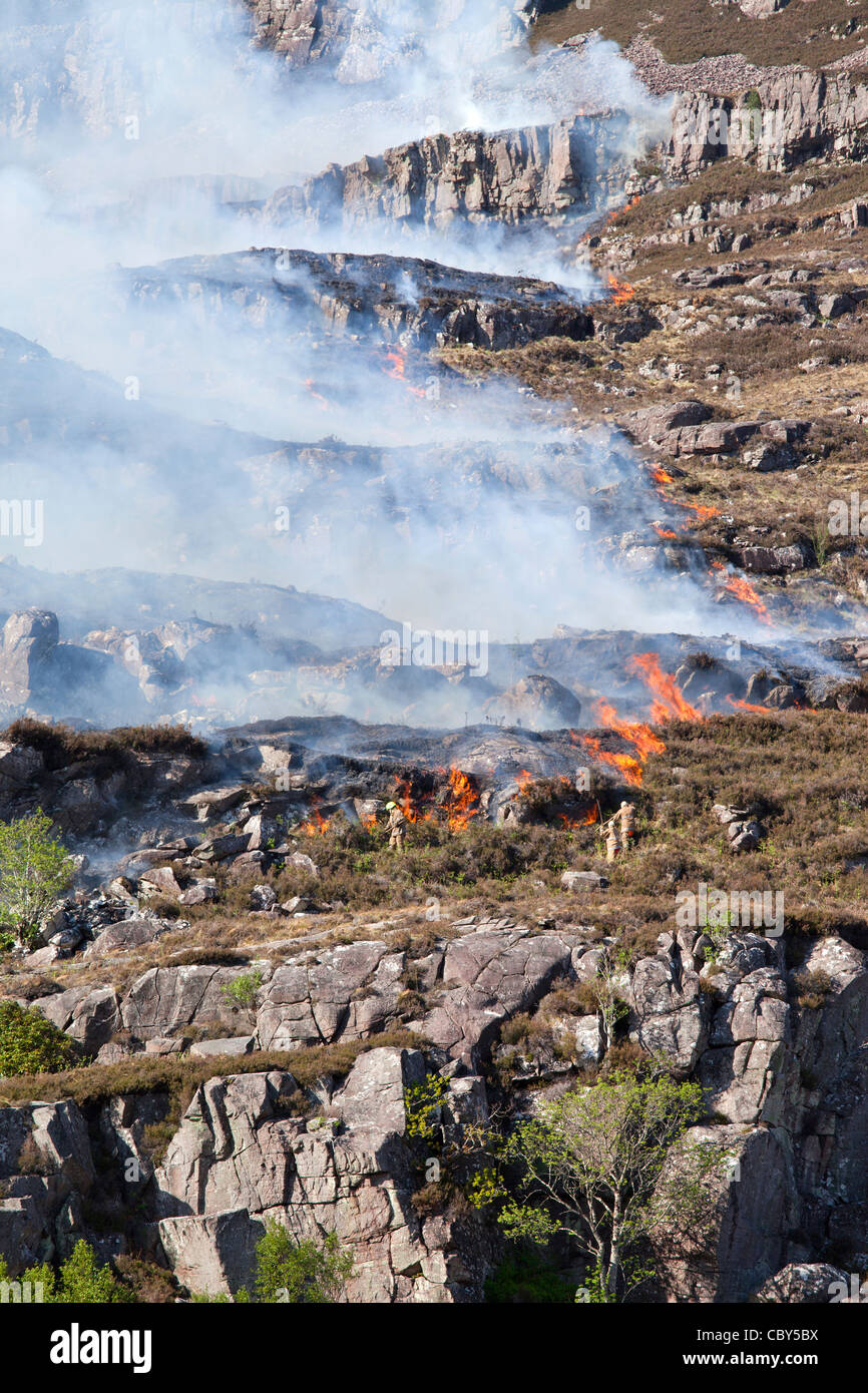 Les pompiers s'attaquer à une colline feu dans Torridon, Ecosse, Royaume-Uni Banque D'Images