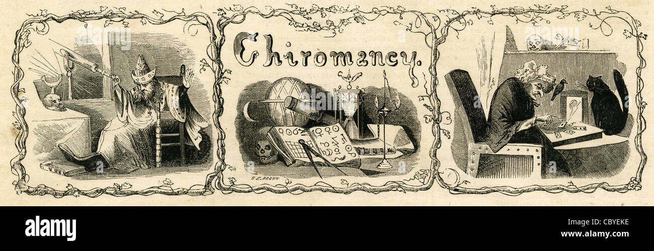 1854 gravure montrant divers personnages et les outils de divination. La tête est "Chiromancie", ou de la lecture de palm. Banque D'Images