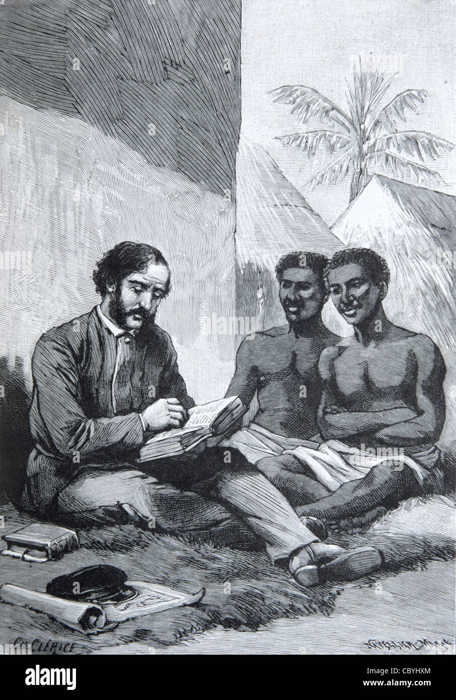 David Livingstone (1813-1873) Scottish Explorer, Doctor and Missionary Reading Bible ou Book tpo Africains in African Village.Vintage Illustration ou gravure Banque D'Images