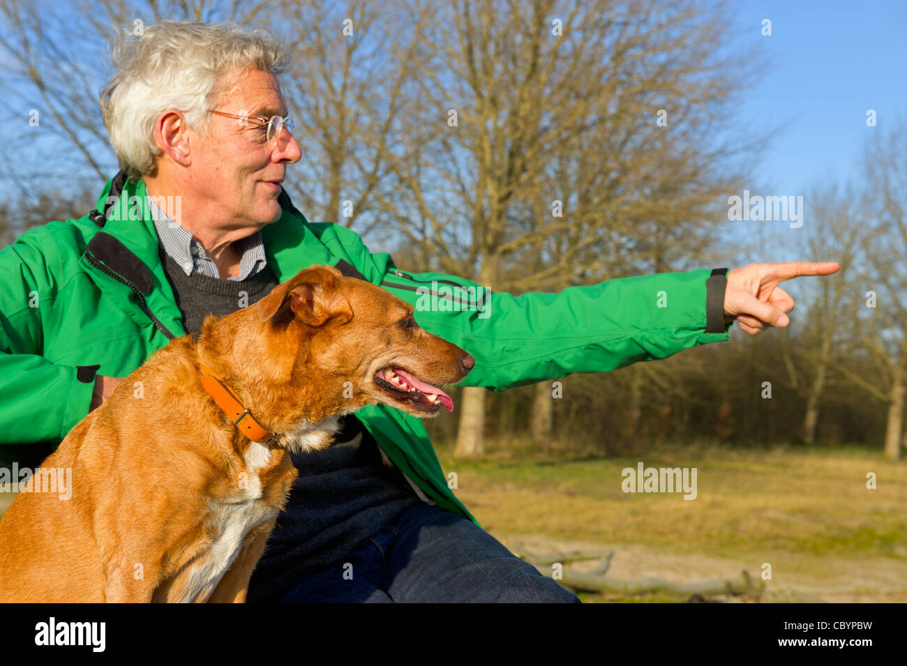 Un homme âgé à la chasse avec chien dans la nature Banque D'Images