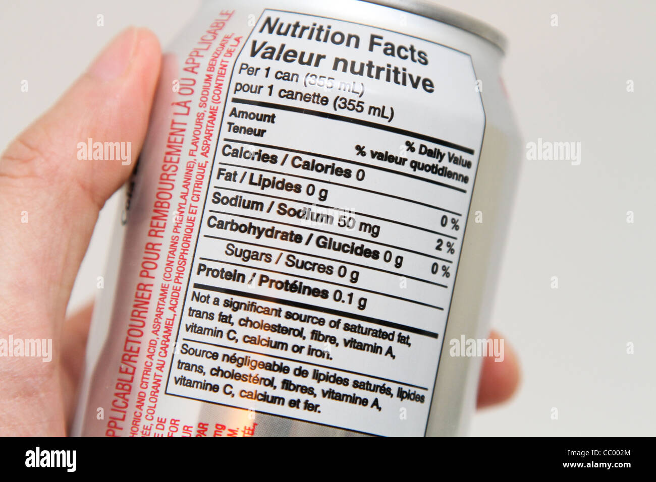 L'étiquette nutritionnelle diet coke coca cola peut Banque D'Images