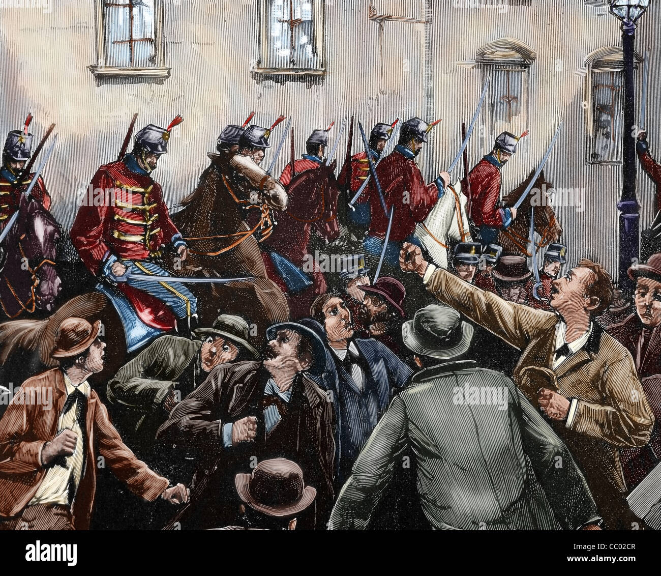 L'Autriche du xixe siècle. Du mouvement syndical. Charge de hussards autrichiens contre les grévistes dans New-Lerchenfeld (Vienne), 1890. Banque D'Images