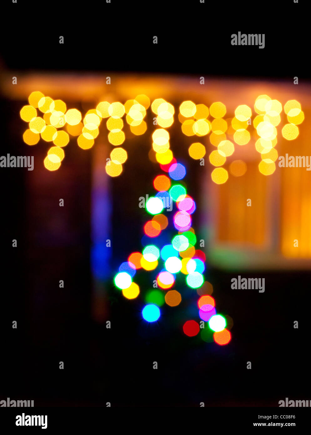 Les lumières d'arbre de Noël à l'extérieur de nuit Banque D'Images