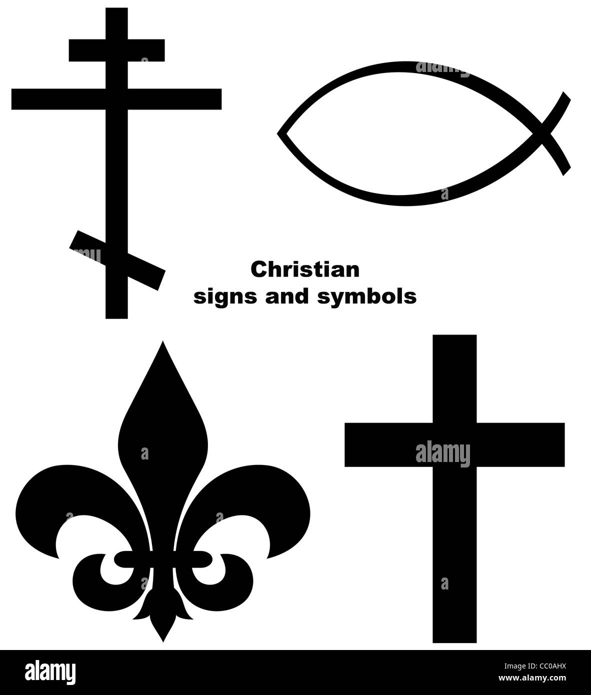 Ensemble de signes ou de symboles chrétiens isolé sur un fond blanc. Banque D'Images