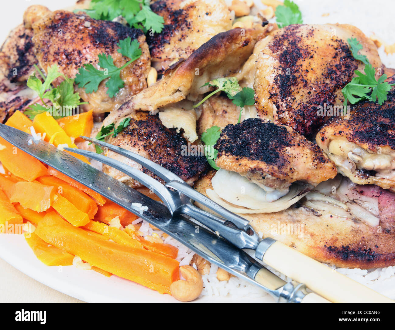 Plateau de sumac libanais, cuisses de poulet cuit sur pain plat et servi sur un lit de riz aux noix, garnir de coriandre Banque D'Images