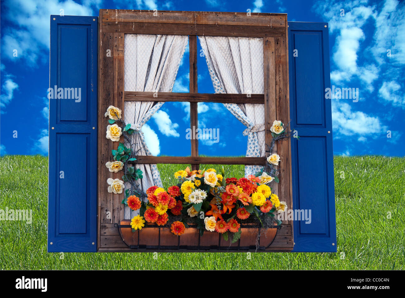 La fenêtre Style de pays avec des fleurs,semoir, les volets et les rideaux, sky et de l'herbe Banque D'Images