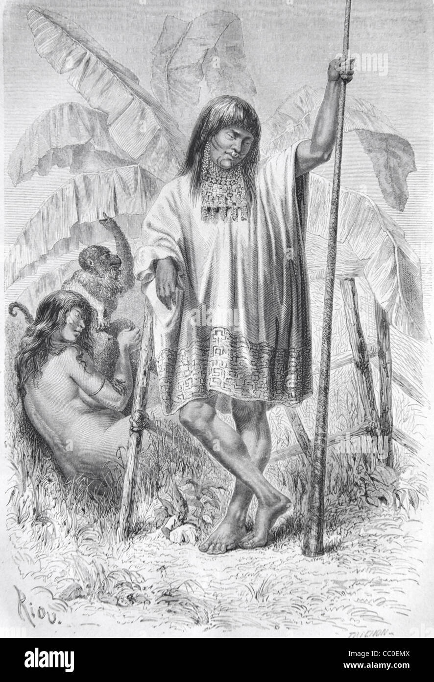 Shipibo ou Conibo Amérindien ou amérindien de l'Amazonie péruvienne, Pérou, Amérique du Sud. 1864 gravure ou illustration ancienne Banque D'Images