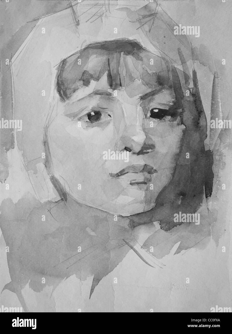 Portrait graphique d'une jeune fille peint par Crayon et aquarelle Banque D'Images