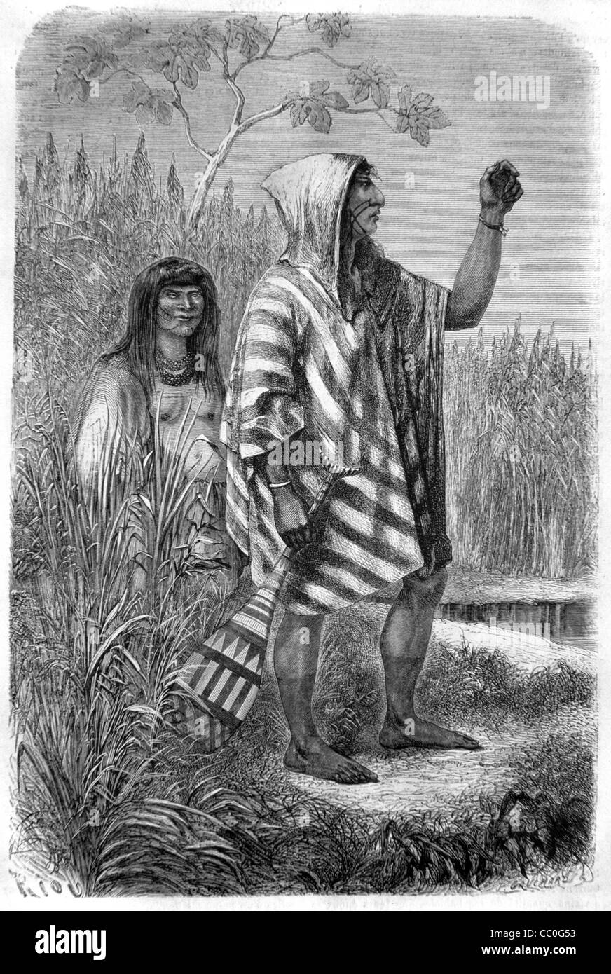 Chontaquiros, Simiranch, Yine ou Piro Amérindiens ou Indiens amérindiens de l'Amazonie péruvienne, Pérou, 1868 Engraving ou Vintage Illustration Banque D'Images