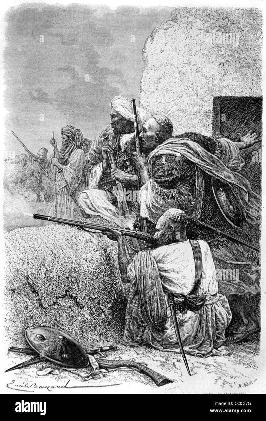 Des soldats ou des sépoys musulmans durant une mutinerie indienne (1857) dans la province de la frontière du Nord-Ouest, ou Kyber Pass, en Inde britannique, au Pakistan. Illustration ancienne ou gravure Banque D'Images