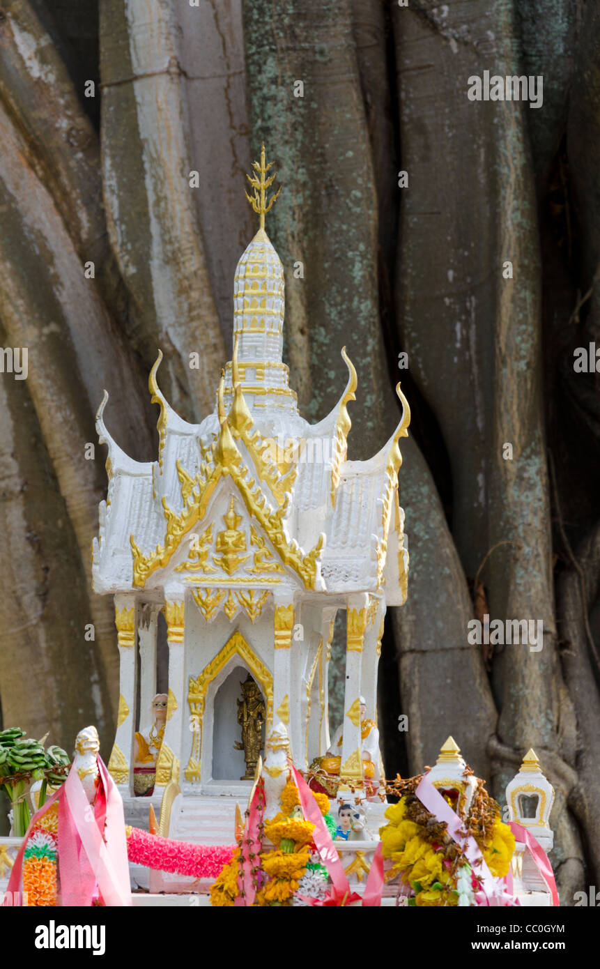 Thai spirit house ressemblant à un temple bouddhiste thaïlandais en face d'épais tronc nervuré Banque D'Images