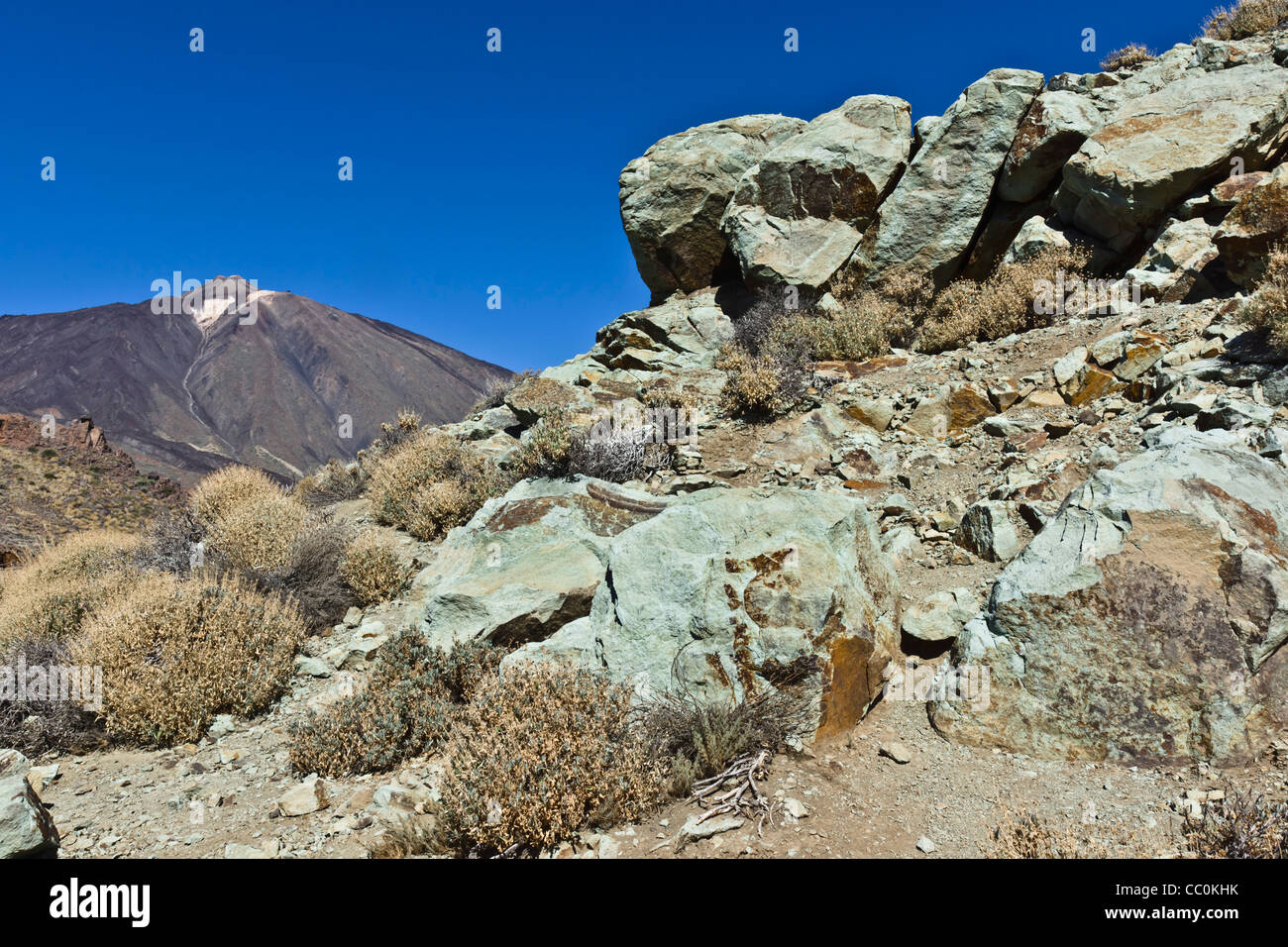 Los Azulejos - près de l'altération hydrothermale Roques de Garcia, le Mont Teide, Tenerife, montrant les couleurs bleu-vert créé. Banque D'Images