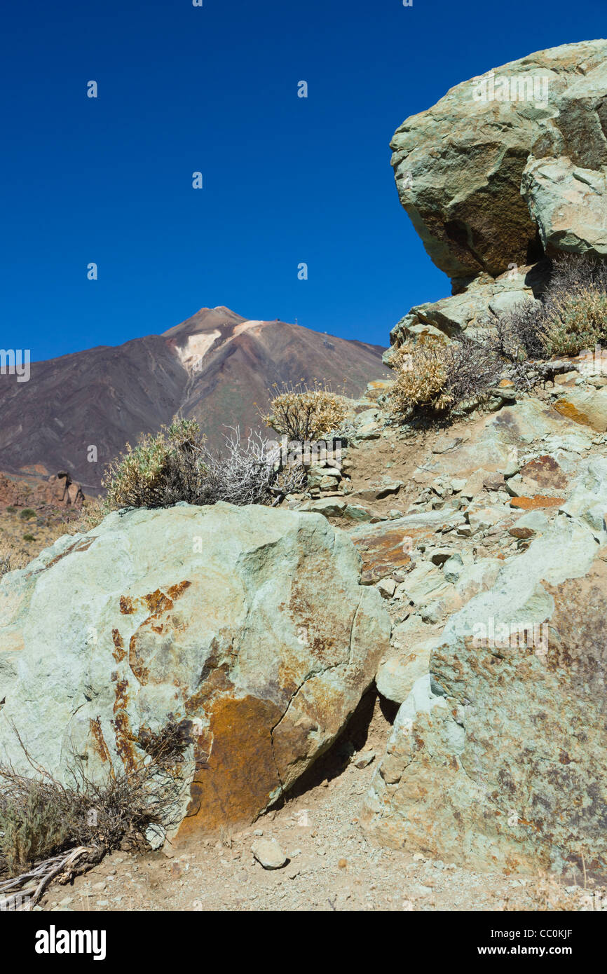 Los Azulejos - près de l'altération hydrothermale Roques de Garcia, le Mont Teide, Tenerife, montrant les couleurs bleu-vert créé. Banque D'Images