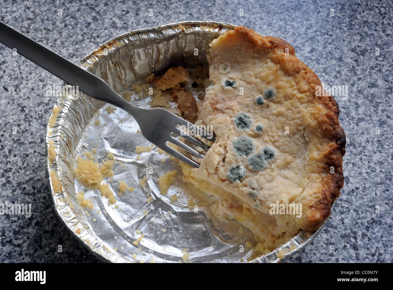 Tarte aux pommes AVEC DES ZONES DE CROISSANCE DES BACTÉRIES DU MOULE SUR SA CROÛTE RE HYGIÈNE ALIMENTAIRE CUISSON ALIMENTAIRE MALADIES PRESERATIVES VENDRE PAR DATES UK Banque D'Images