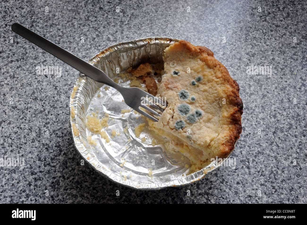 Tarte aux pommes AVEC DES ZONES DE CROISSANCE DES BACTÉRIES DU MOULE SUR SA CROÛTE RE HYGIÈNE ALIMENTAIRE CUISSON ALIMENTAIRE MALADIES PRESERATIVES VENDRE PAR DATES UK Banque D'Images