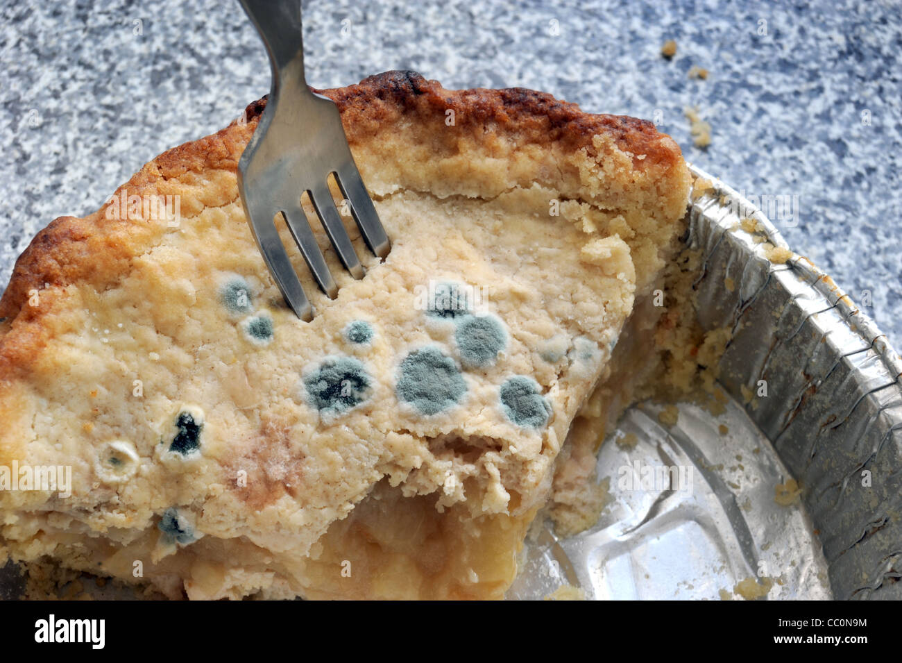 Tarte aux pommes AVEC DES ZONES DE CROISSANCE DES BACTÉRIES DU MOULE SUR SA CROÛTE RE HYGIÈNE ALIMENTAIRE CUISSON ALIMENTAIRE MALADIES PRESERATIVES VENDRE PAR DATES UK Banque D'Images