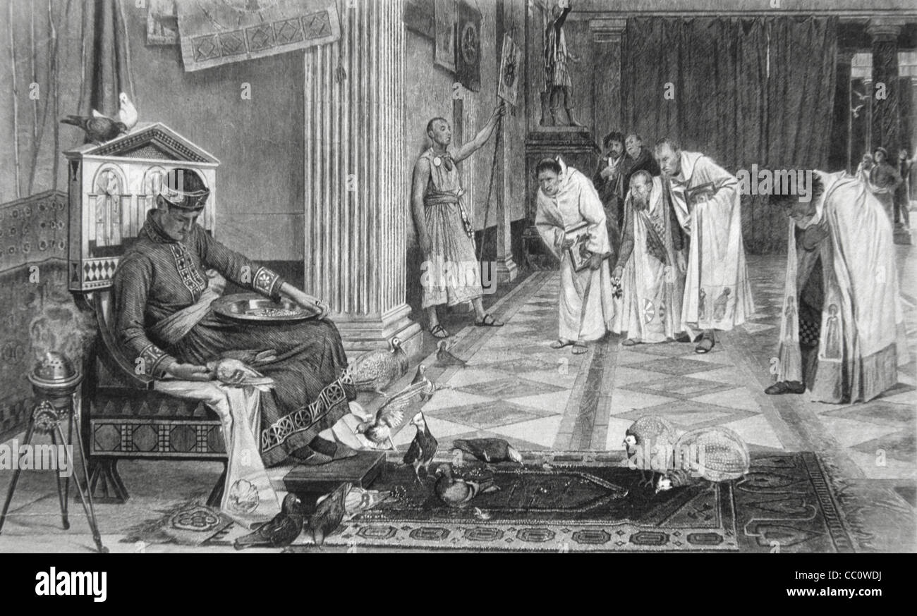 Favoris de l'empereur romain Honorius (Flavius Augustus Honorius, 395-423AD) Cour romaine et Attendants nourrissant des pigeons dans le palais de l'empereur. Illustration ancienne ou gravure Banque D'Images