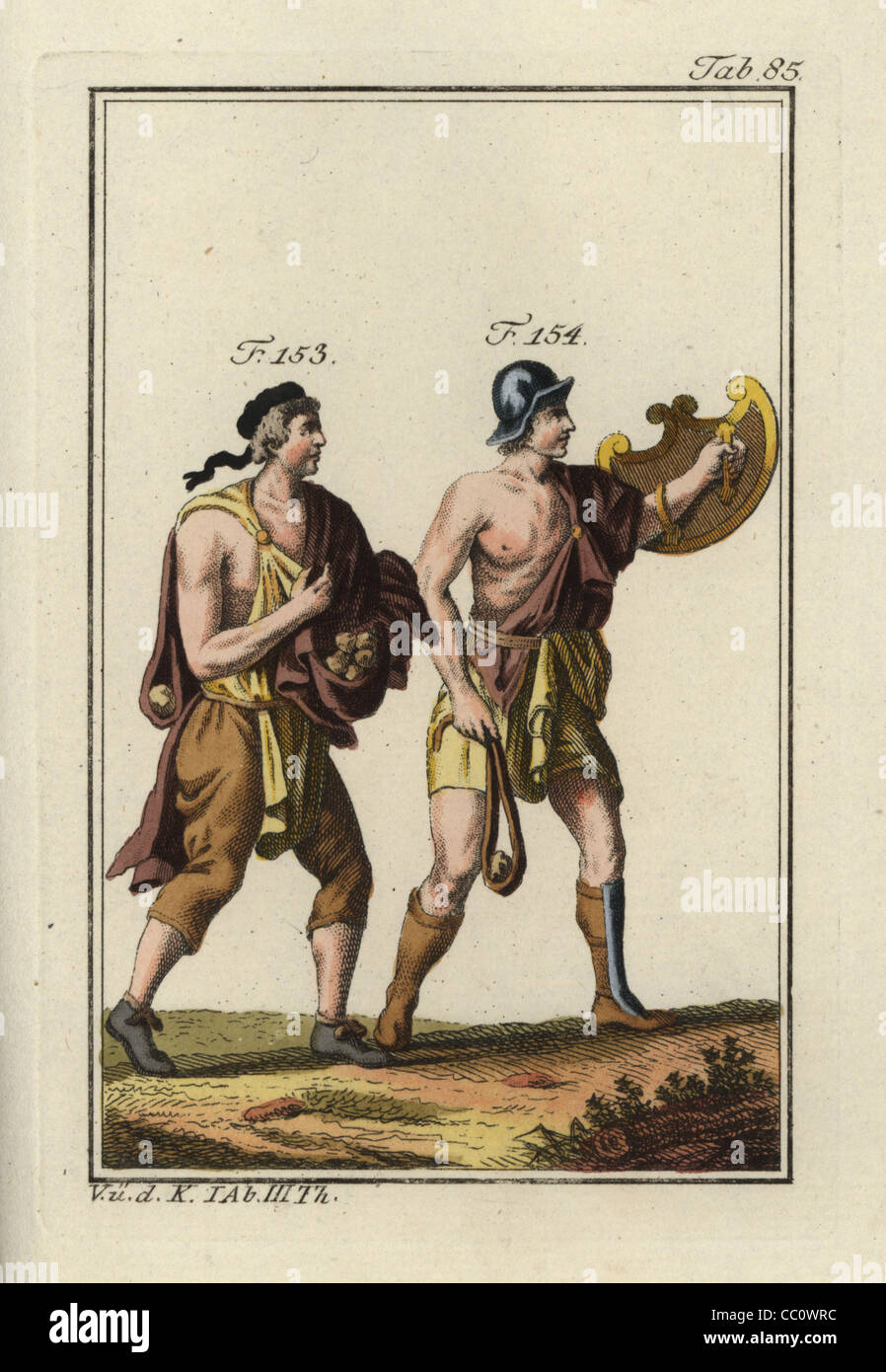 Frondeurs romain avec slingshot et de pierres. Banque D'Images